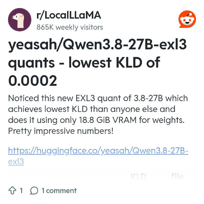 From the LocalLLaMA community on Reddit: yeasah/Qwen3.8-27B-exl3 quants - lowest KLD of 0.0002