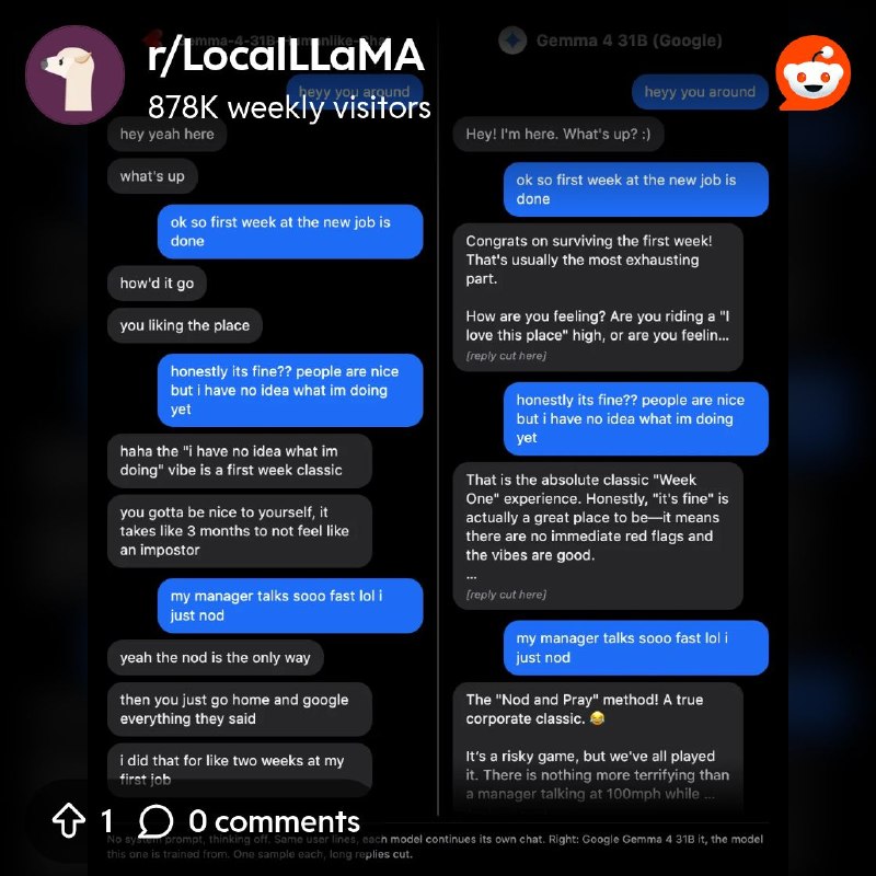 From the LocalLLaMA community on Reddit: Gemma-4-31B-Humanlike-Chat: 2.0's improved human voice on official Gemma 4 31B
