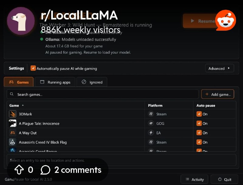 From the LocalLLaMA community on Reddit: I built a lightweight tool that automatically frees up VRAM for gaming and restores your…