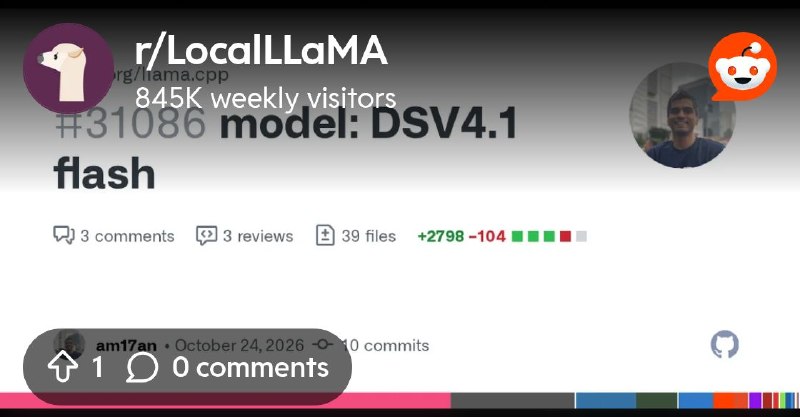 From the LocalLLaMA community on Reddit: model: DSV4.1 flash by am17an · Pull Request #31086 · ggml-org/llama.cpp
