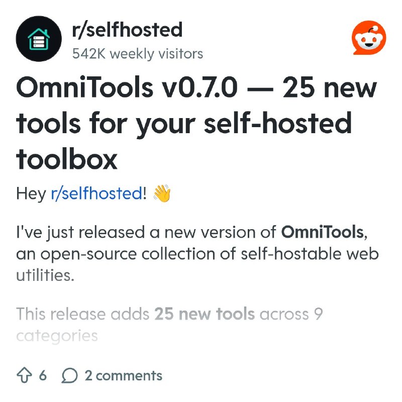 From the selfhosted community on Reddit: OmniTools v0.7.0 — 25 new tools for your self-hosted toolbox