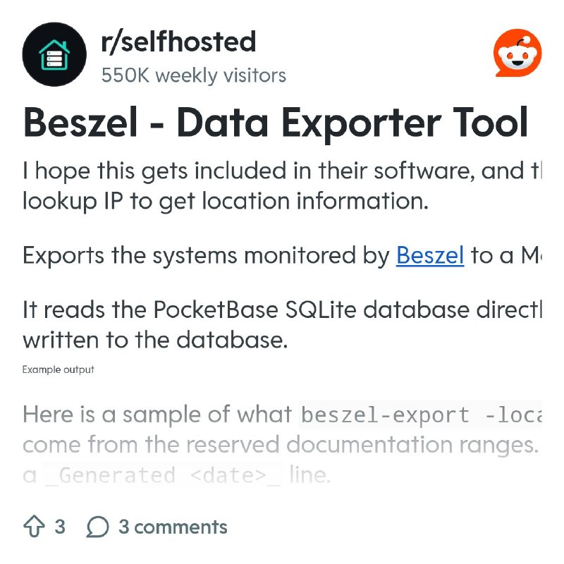 From the selfhosted community on Reddit: Beszel - Data Exporter Tool