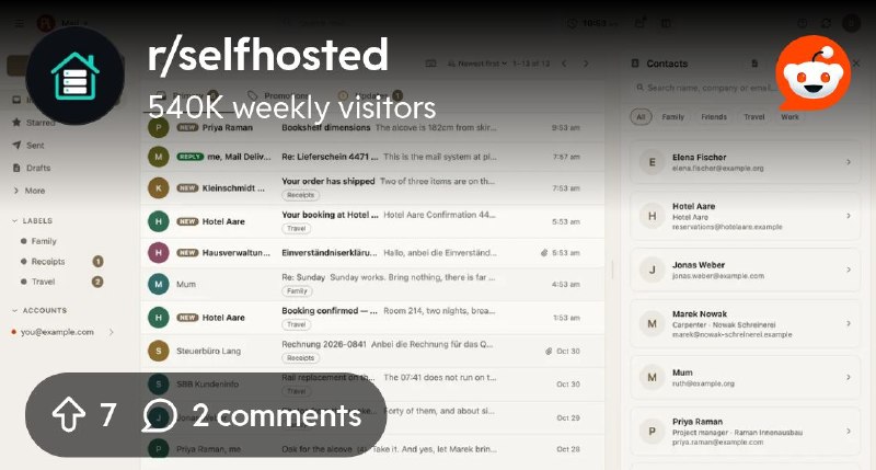 From the selfhosted community on Reddit: plMail Update: PGP, S/MIME, JMAP, POP3, CardDAV Contacts and more