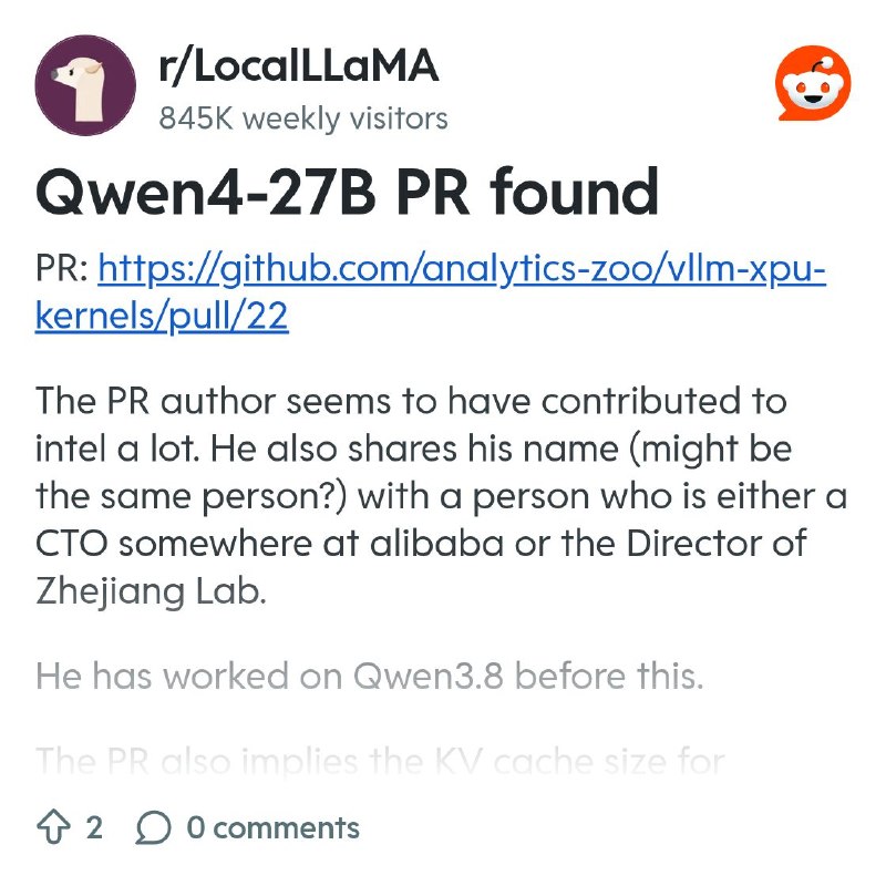 From the LocalLLaMA community on Reddit: Qwen4-27B PR found