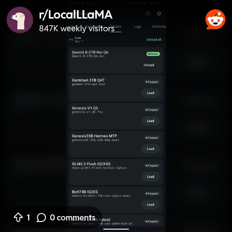 From the LocalLLaMA community on Reddit: Llama Swap Mobile Control!