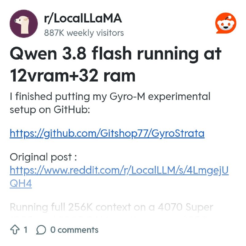 From the LocalLLaMA community on Reddit: Qwen 3.8 flash running at 12vram+32 ram