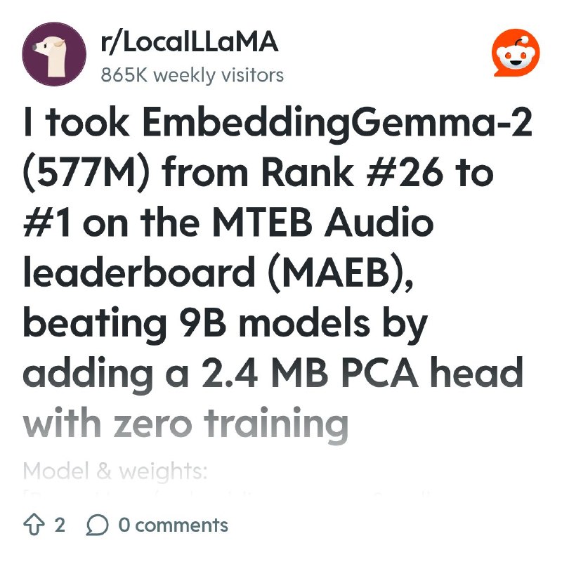 From the LocalLLaMA community on Reddit: I took EmbeddingGemma-2 (577M) from Rank #26 to #1 on the MTEB Audio leaderboard (MAEB)…